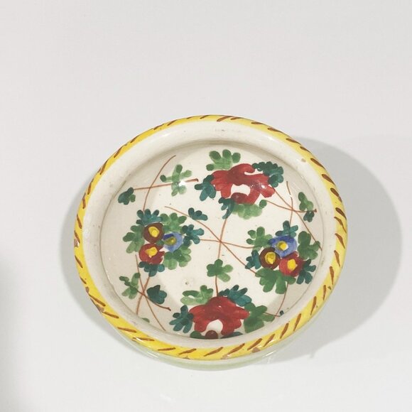 Small Round Footed Trinket Dish Hand Paint Floral Earthenware Sgraffito Italy - Picture 1 of 6